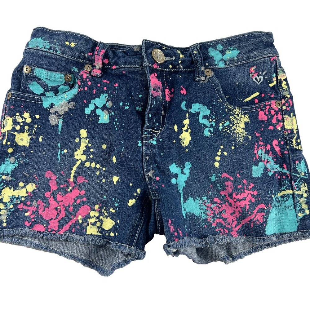 Justice Girls Shorts Size 16R Denim Paint Splatter Frayed Hem Simply Low Sparkle
